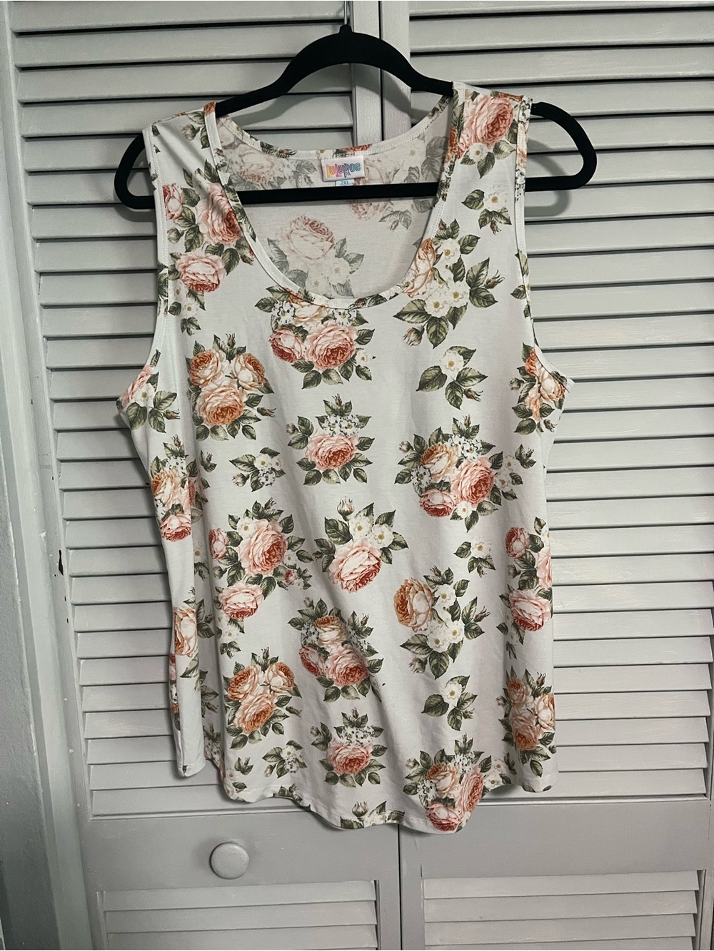LuLaRoe White Tank Top with Peach Rose Print